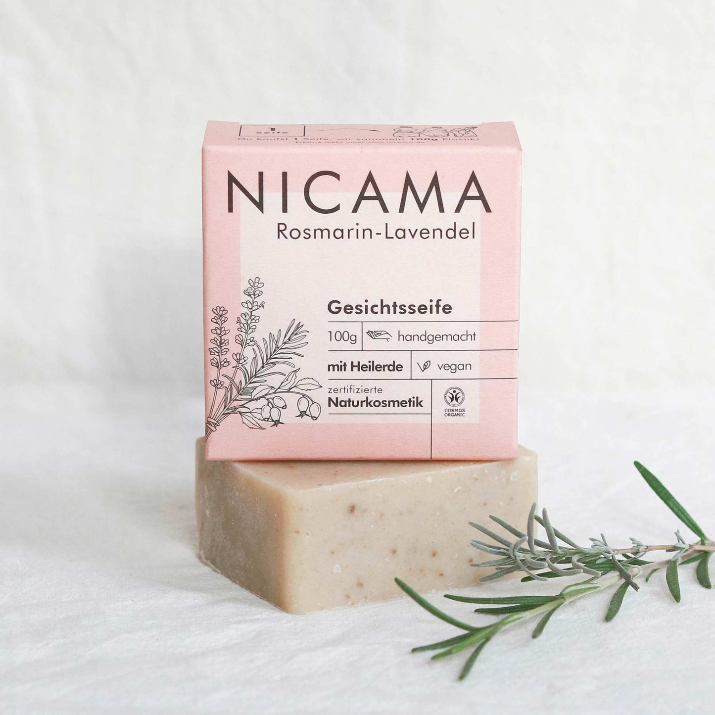 Gesichts-Seife Lavendel-Rosmarin mit Wildrosenöl & Heilerde 100g (COSMOS)